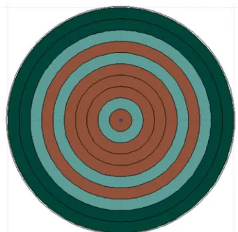 Figure Geometry solution. 7.Green=Borated Brown=Iron, of the optimum Cyan=Polyethylene,  Polyethylene, every ring increases by 10cm the radius 