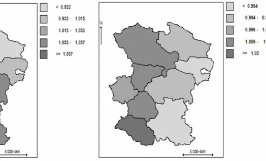 FIGURE 2. Maps of the spatial relative hazard for ADS progression (left) and mortality post-HIV infection (right) based on the  model 4