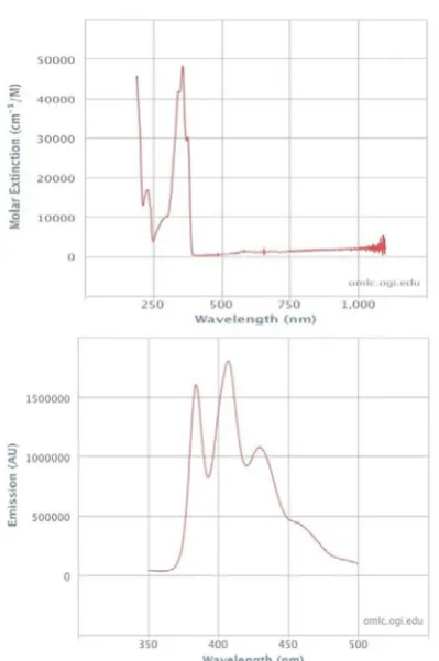Figure 1. Absorbance (up) and emission (down) spectra of PPO