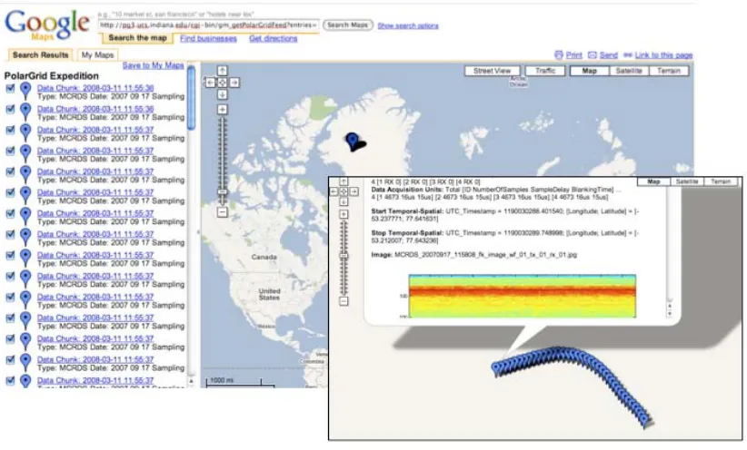 Figure 8 The Polar Grid GeoRSS feed rendered using Google Maps.  The same feed is used as in the previous figure.  The feed contents are displayed by clicking the location of the measurement.  (inset). 
