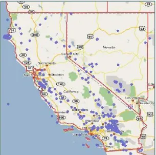 Figure 9: Google Map is overlaid California Earthquake seismic data and state boundary layers from the Web Feature Service