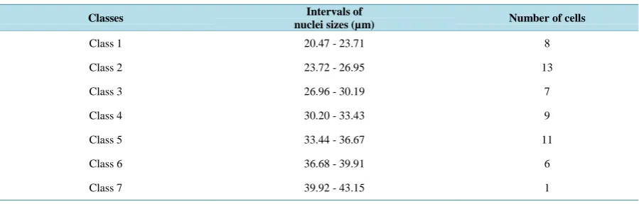 Table 1. Sturges’ classification of nuclei sizes. Sturges’ classification performed on nuclear sizes (N = 55 neurons) allowed seven different class sizes to be identified