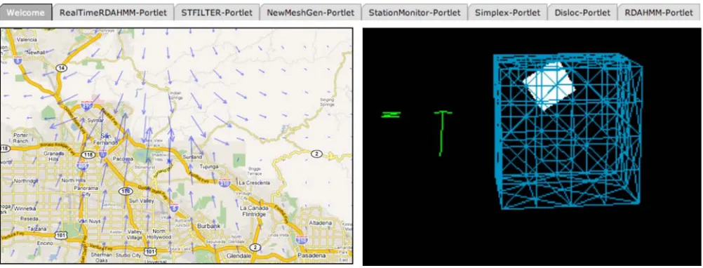 Figure 2. Examples from the portal version 2.0 showing improved richness of interfaces, including the available QuakeSim applications, Google Maps output of surface deformation from the Disloc application, and an example mesh  with embedded fault generated