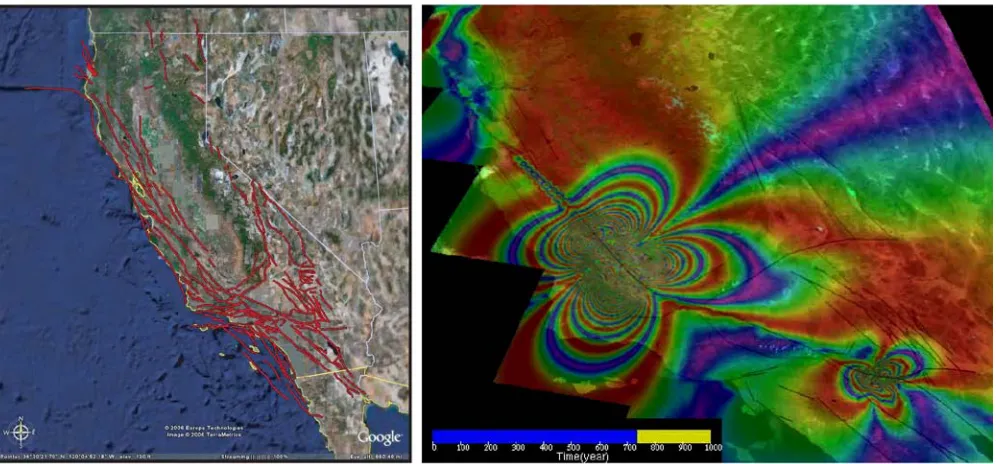 Figure 5. Example fault model used by Virtual California (left panel), which is also included in the QuakeTables database