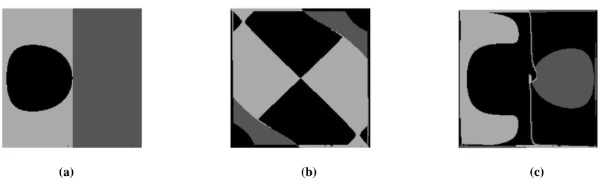 Figure 1: Clustering of the expanding ball image sequence. 3 clusters statistical maps projections along the singular components with:   (a) divergence, (b) rotor, and, (c) divergence and rotor point segmentation