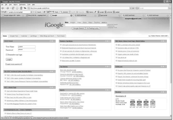 Figure 4. A personalized Google home page with the OGCE logon gadget added to the upper left corner