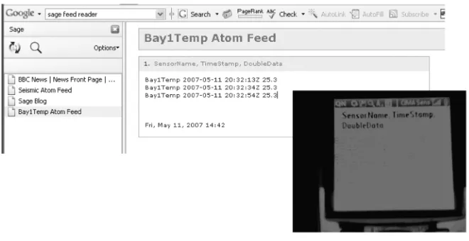 Figure 1. The Bay1 Temperature Atom feed using the Sage reader (upper left).    The inset photograph (lower right) is of the same feed loaded in a cell phone’s Web browser (photo courtesy of Rick McMullen)