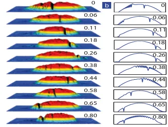 Figure 3.3: Dark soliton oscillations in a trapped BEC. A set of absorption images showing the soliton position atsoliton position−−0.250.250.50.50soliton position−−−0.250.250.750.5various times after phase imprinting