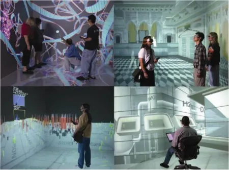 Figure 6 Uses of virtual reality: view inside of a molecule (top left), architectural planning (top right), 3D data visualization (bottom left) and employee training (bottom right)