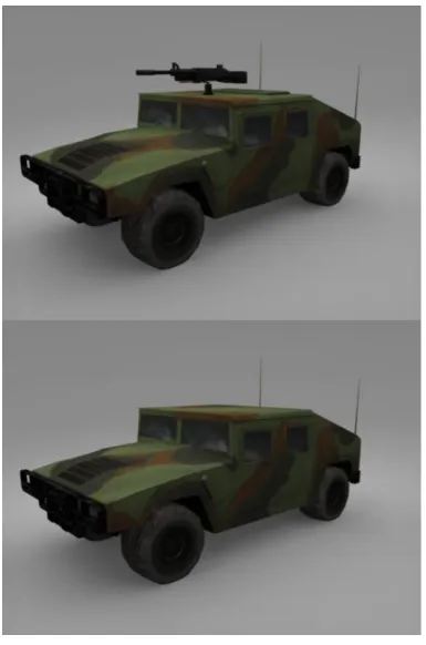 Figure 9 Enlarged example of vehicles participants saw in the convoy. A) has a weapon indicating it is hostile