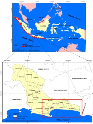 Figure 2.6 The research study area, Cilacap as pilot region (below) and the broad scale area (above) for the implementation of population distribution  