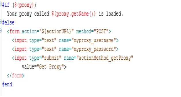Figure 2.  The Velocity template snippet illustrates basic Grid portlet development concepts