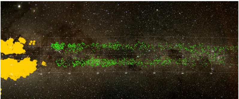 Figure 5. Details of the distribution of OGLE Cepheids in the Galactic plane. Green dots indicate positionsof the OGLE-IV Cepheid candidates from the OGLE GVS