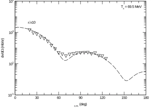 Figure 2. The calculated angular distributions (dashed line) using the potential given by Equation (2) are compared with the experimental data [9] (empty triangles) as a function of center of mass angle (θc.m.) at Tπ = 80 MeV for negative pions