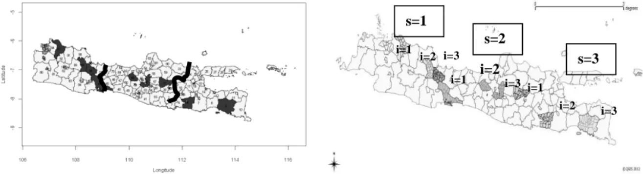 Figure 1. Nested areas (dark color are districts sample)  Figure 2.  Study area with 3 provinces {s = 1, 2, 3}, 3  districts {i = 1, 2, 3} are randomly chosen from each province, i.e