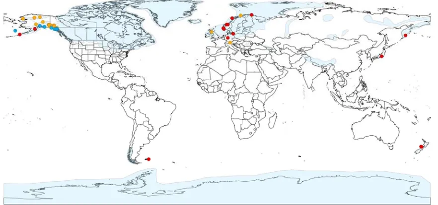 Figure 15. The three most widespread introgressed genotypes. B. neolunaria ined. dominant (nnln) from 19 locations (blue points); B