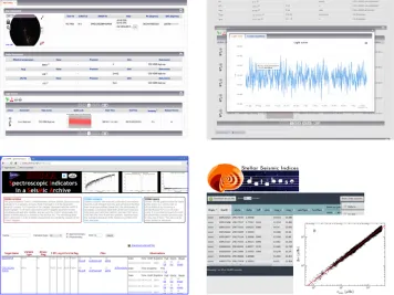 Figure 3. Screenshots of the Seismic Plus’ main features: (top, left) ﬁrst output for a single-star query; (top,right) high-level product consisting in a fast Fourier transform of the selected light curve; (bottom, left) mainpage of the SISMA (Spectroscopi