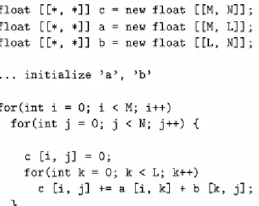 Figure 1 is a basic HPJava program for sequential matrix multiplication. This program is simple and similar to the ordinary Java program