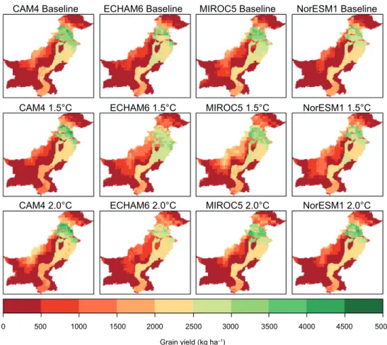 Fig. 6. Spatial patterns of mean wheat yield in different GCMs under baseline (top row panels),  1.5 ºC (middle row panels) and 2.0 ºC (bottom row panels) additional warming scenarios in  Pakistan.