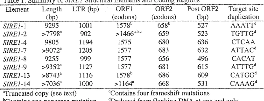 Table 1. Summary of &7RE7 Structural Elements and Coding Regions Element Length LTR (bp) ORF1 ORF2 Post ORF2 