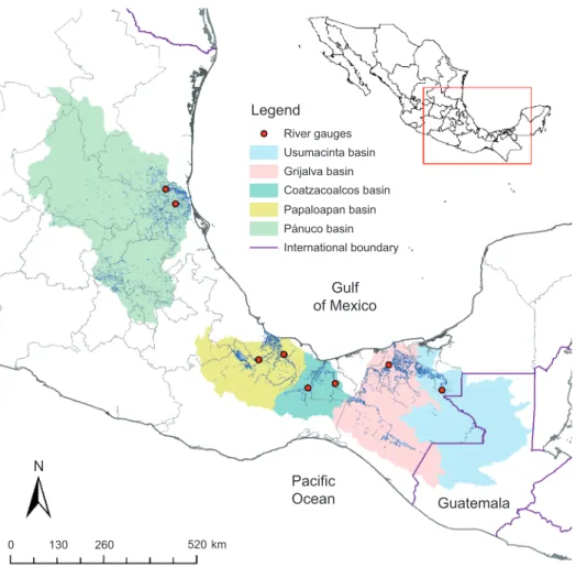 Fig. 1. Location of the studied basins and corresponding river gauges used for compar- compar-ison and calibration.