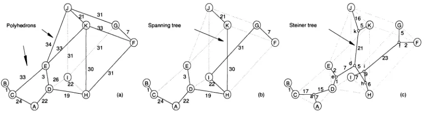 Figure 3.4 (a) The distance graph for the 11 genomes, (b) The minimum spanning tree of the genomes, (c) Optimal Steiner tree