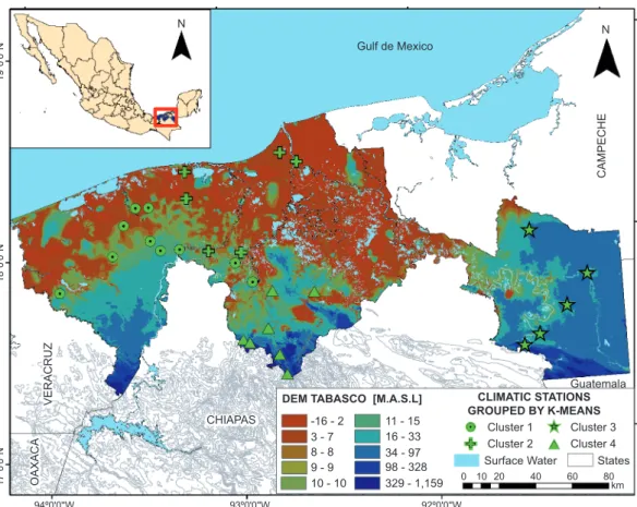 Fig. 1. Geographic location and topography of the state of Tabasco, Mexico. Visualization of the  found clusters by K-means.