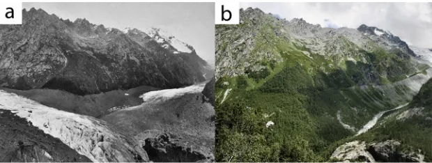 Figure 4. Reduction of the Tviberi glacier in 1884. (a) (Photo: M. V. Dechy)-2011; (b) (Photo: L