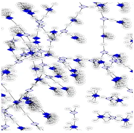 Figure 4. A small fraction of the bipartite graph G of hits (ellipses) and track candidates (blue diamonds) for amultiple pp collision event (40 simultaneous inelastic pp collisions)