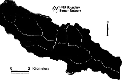Figure 2.5 Hypsography, Hydrography and HRU's in Four Mile Creek Watershed 