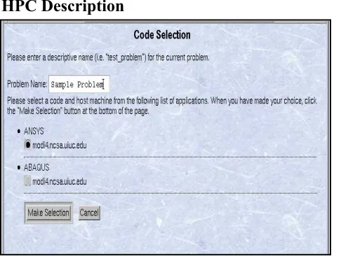Figure 11: The "Code Selection" page lists available applications and hosts. 