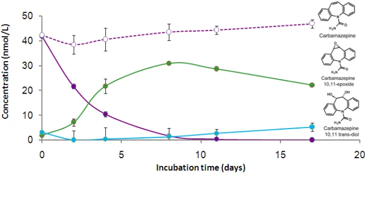 Figure 1. Concentrations of carbamazepine, 10,11-epoxycarbamazepine and 10,11-epoxycarbamazepine during incubation with P