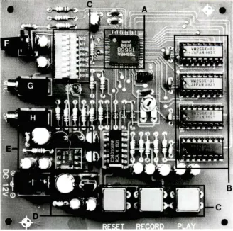 Figure 1. Top view of the Digital Voice Module with the main components labeled: {A) T6668 speech 