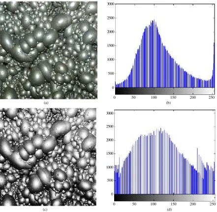 Figure 1. (a) Original image; (b) The histogram of original image; (c) After the equalization image; (d) The histogram of after the equalization image