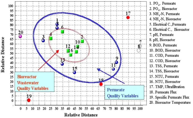 Fig. 2. Partitioning mapping of Immersed Membrane BioReactor performance variables [permeate ﬂux and speciﬁc permeate ﬂux are normalized to 20 °C (Eq