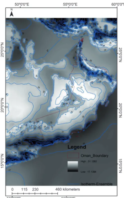 Figure 4 shows the annual ensemble mean of  the system. The ensemble mean smoothed out the  unpredictable events, such as the high temperature  over the Empty Quarter desert
