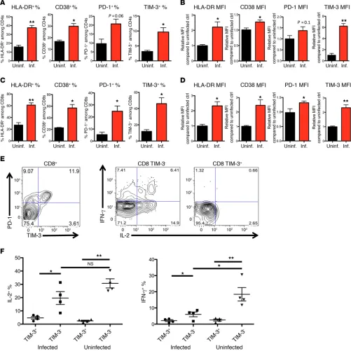 Figure 1. Chronic HIV infection results in elevated expression of activation and exhaustion markers and exhaustion of viral-specific CD8 cells