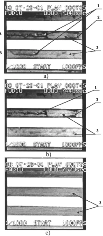 Figure 10. Boiling in the central part of microchannels. ULS = 0.14 m/s, q = 220 kW/m2; Type A plenum.1) Clusters of liquid droplets on the bottom of the channel