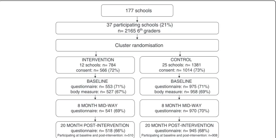 Figure 1 Flow diagram of recruitment, randomization, consent received and participation of adolescents in the HEIA study.
