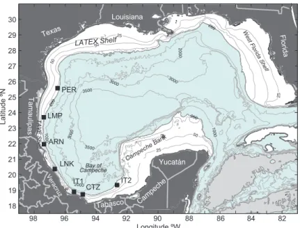 Fig. 1. The Gulf of Mexico. States and names of shelves are indicated. 