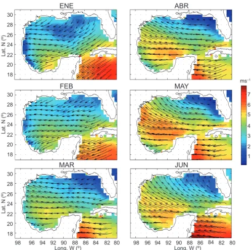 Fig. 2. Long-term monthly means (1999-2006) of the winds in the Gulf of Mexico  based on Qscat/SeaWinds data