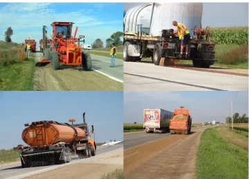 Figure 5. Road grader (top left), soapstock truck (top right), water truck (bottom left), and sand truck (bottom right) 