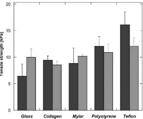 Figure 2. Tensile strength of KI-oxidized Fucus glue (dark gray) andKI-oxidized biomimetic glue (light gray) to various substrates.