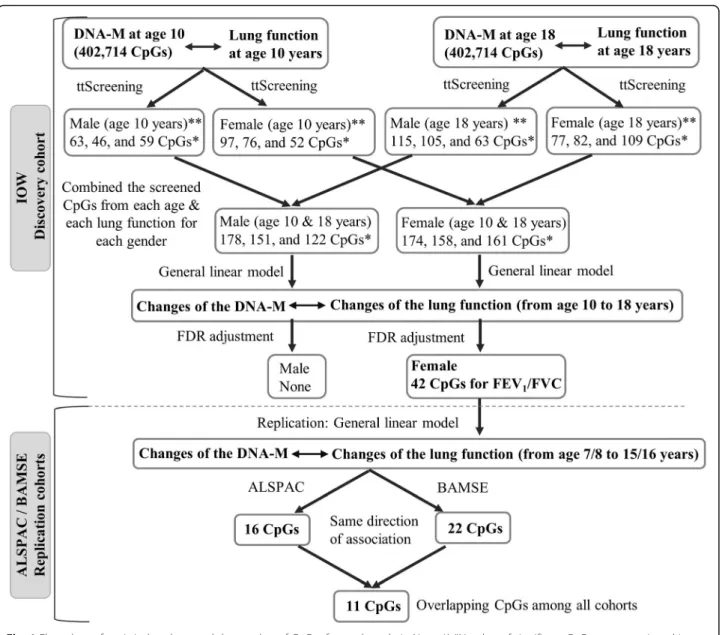 Fig. 1 Flow chart of statistical analyses and the number of CpGs after each analysis. Note: 1) *Number of significant CpGs were mentioned in an order for FVC, FEV 1 , and FEV 1 / FVC changes respectively