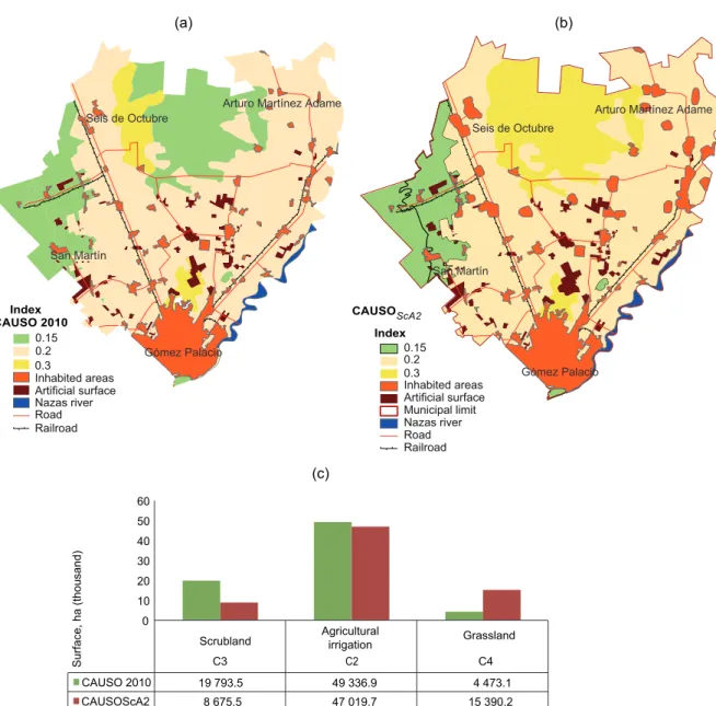 Figure 7. Spatial distribution of CAUSO current (a) and CAUSO ScA2  (b); impact analysis based on surface and  relative importance (c).