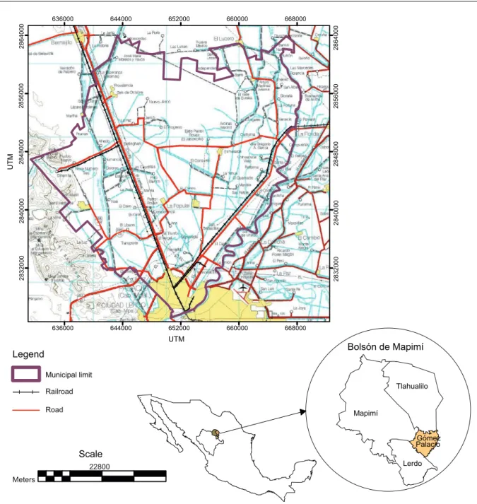 Fig. 1. Geographical location and topographic features of the municipality of Gómez Palacio, Durango, Mexico.