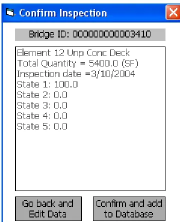 Figure 4: Form showing for confirmation of new inspection data entered in the field for an 