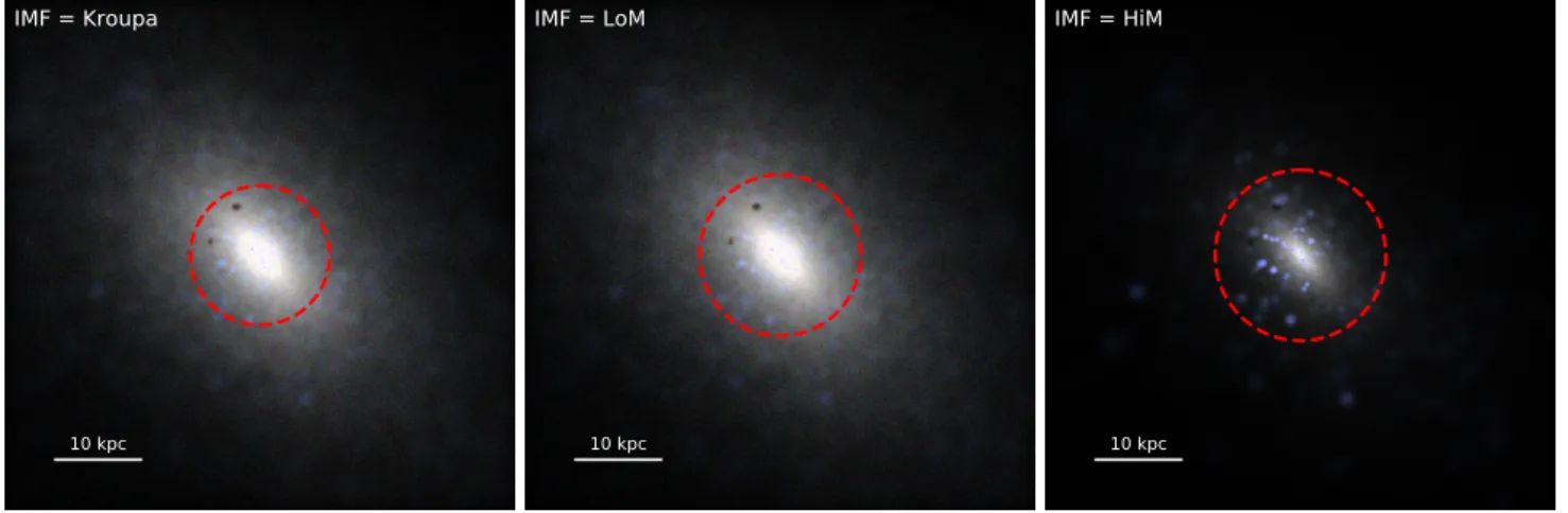 Figure 3. Images of a massive elliptical galaxy in the Ref-50 simulation, post-processed using SKIRT assuming 3 different variable IMF prescriptions
