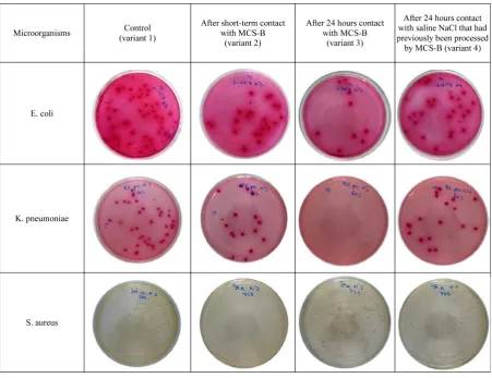 Figure 1. Study bacteriostatic action of magnetite nanoparticles (MCS-B) and saline NaCl that was processed by nanopar-ticles on different groups of microorganisms