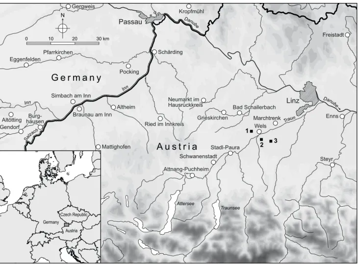 Fig. 1: Study area in Upper Austria. x1 = profile Oberlaab, x2 = profile Wels-Aschet, x3 = profile Neuhofen.